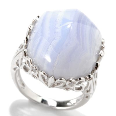 133-283 - Gem Insider Sterling Silver 20 x 15mm Blue Lace Agate & White Topaz Scroll Ring