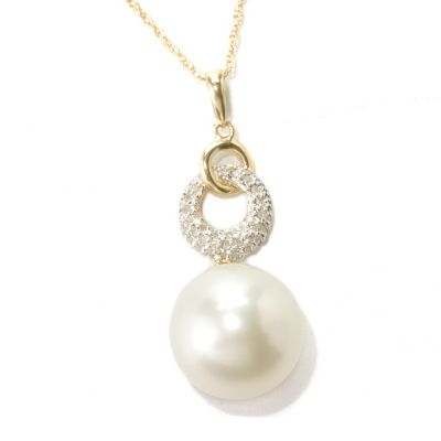 133-365 - 14K Gold 14-15mm White South Sea Cultured Pearl & Diamond Pendant w/ 18” Chain