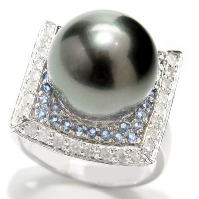 133-370 - 14K White Gold 12-13mm Black Tahitian Cultured Pearl, Sapphire & Diamond Ring