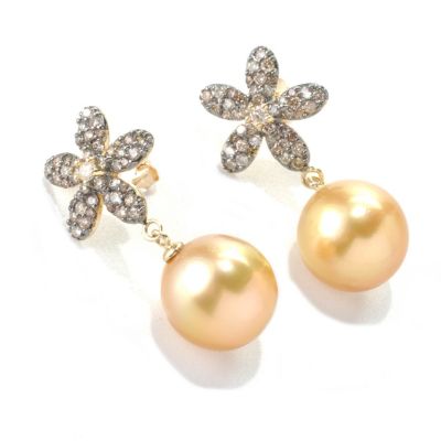 133-372 - 14K Gold 1" 12-13mm Golden South Sea Cultured Pearl & Diamond Flower Earrings