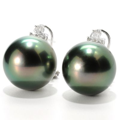 133-373 - 14K White Gold 13-14mm Semi-Round Black Tahitian Cultured Pearl & Diamond Earrings