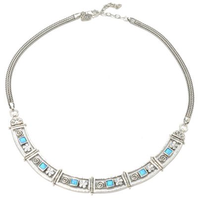 133-459 - Passage to Israel Sterling Silver 17" Simulated Blue Opal Flower Swirl Necklace