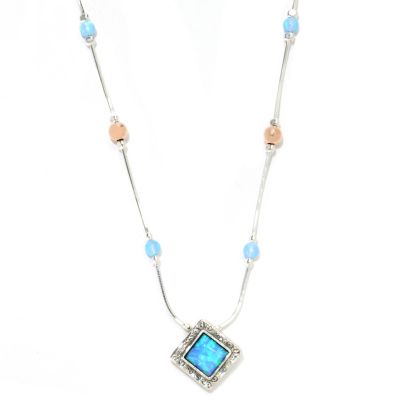 133-513 - Passage to Israel Sterling Silver 18" Blue Simulated Opal Bead Station Necklace w/ Extender