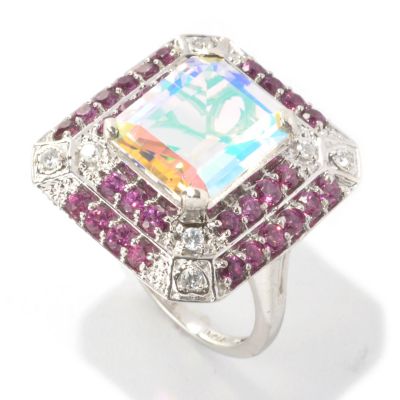 133-571 - NYC II 6.17ctw Emerald Cut Opalescence Quartz, Rhodolite Garnet & Zircon Ring 