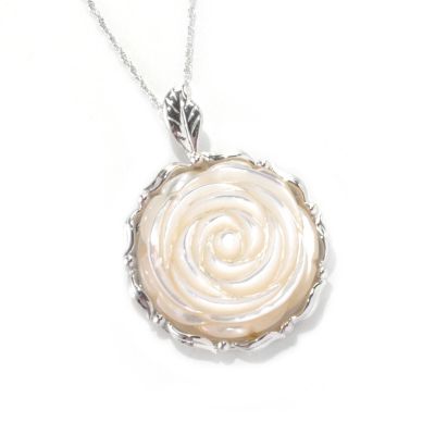 133-597 - Sterling Silver 25mm Round Carved Flower Mother-of-Pearl Pendant w/ 18” Chain