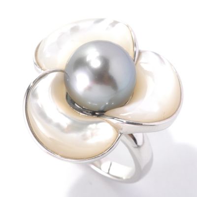 133-599 - Sterling Silver 11-12mm Black Tahitian Pearl & Mother-of-Pearl Flower Ring