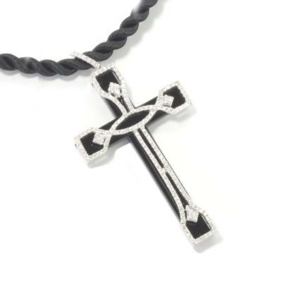 133-779 - SoHo Boutique 18K White Gold Diamond & Black Onyx Cross Pendant w/ Silk Cord