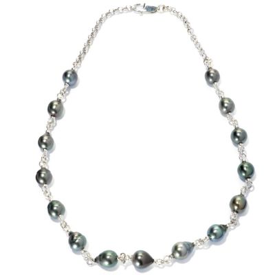 133-964 - Sterling Silver 18" 9-10mm Black Tahitian Cultured Pearl Station Necklace