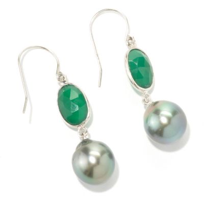 133-966 - Sterling Silver 1.75" 11-12mm Tahitian Cultured Pearl & Green Onyx Dangle Earrings