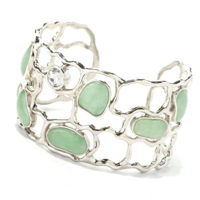 134-243 - Sterling Silver 7.5" Freeform Green Jade & White Topaz Open Cuff Bracelet