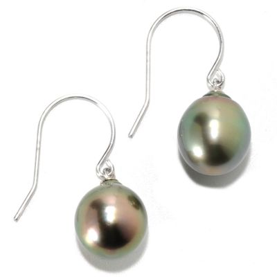 134-244 - Sterling Silver 1" 10mm Semi-Baroque Black Tahitian Cultured Pearl Drop Earrings