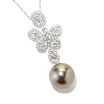 134-321 - Sterling Silver 12-13mm Black Tahitian Cultured Pearl & Topaz Butterfly Pendant w/ 18" Chain