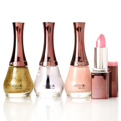 305-242 - Nicka K Gold Shimmer & Bubble Bath Pink Nail Duo w/ Top Coat & Lipstick
