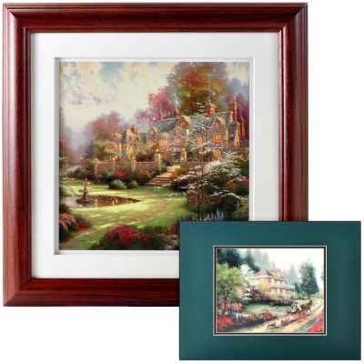 THOMAS KINKADE GARDENS BEYOND SPRING GATE 12" X 12" PRINT IN WOOD TONED WALNUT FRAME WITH BONUS MATT