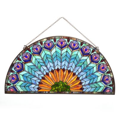 18" FANDELAY PEACOCK STAINED GLASS WINDOW PANEL
