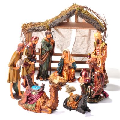 13 PIECE HAND PAINTED POLYRESIN NATIVITY WITH WOOD CRECHE