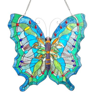 405-654 - Tiffany Style 23'' Ocean Butterfly Stained Glass Window Panel