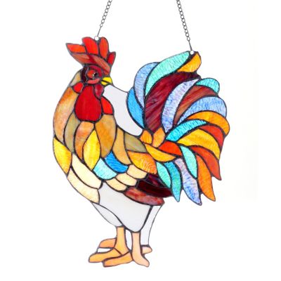 406-127 - Tiffany-Style 15.5'' x 12'' Cock-a-Doodle-Doo Hanging Stained Glass Window Panel
