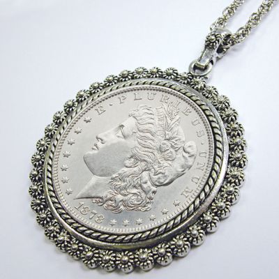 411-546 - Morgan Silver Dollar Silver-tone Pendant w/ 24” 
