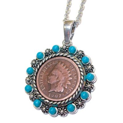 418-045 - Native American Head Penny Turquoise Pendant w/ 24" Chain