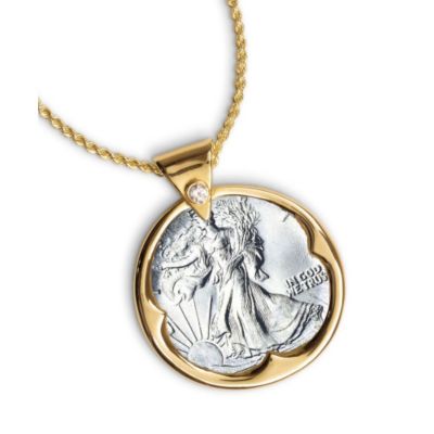 418-142 - Gold-tone Silver Walking Liberty Half Dollar Rhinestone Detail Pendant w/ Chain