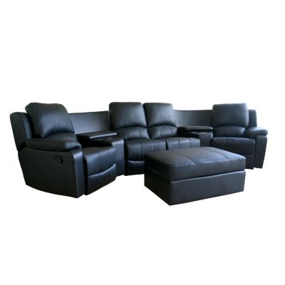 420-380 - Baxton Studio Black Leather Seven Piece Recliner Sectional Seating & Ottoman