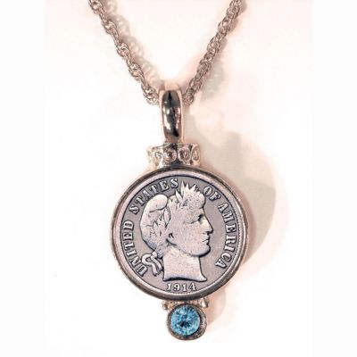 420-734 - Gold-tone Silver Barber Dime Coin & Crystal Pendant w/ Chain