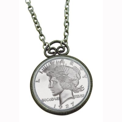 420-749 - Silver-tone 1927 Peace Silver Dollar Replica Coin Pendant w/ Chain