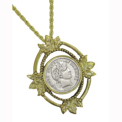 420-752 - Gold-tone Silver Barber Dime Coin Pendant w/ Chain