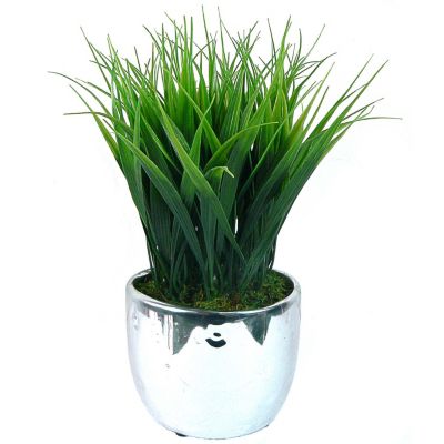 420-779 - Laura Ashley Faux Grass Arrangement Silver-tone Planter-Set of Two