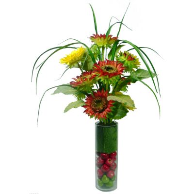 420-801 - Laura Ashley Faux Sunflowers, Greenery & Fruit in Glass Vase