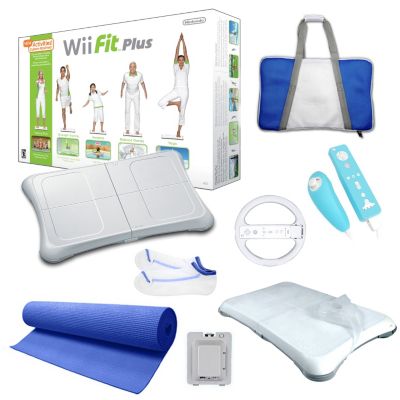 422-350 - Nintendo Wii Fit Plus Blue Holiday Bundle w/ Yoga Mat, Wheel & Accessories