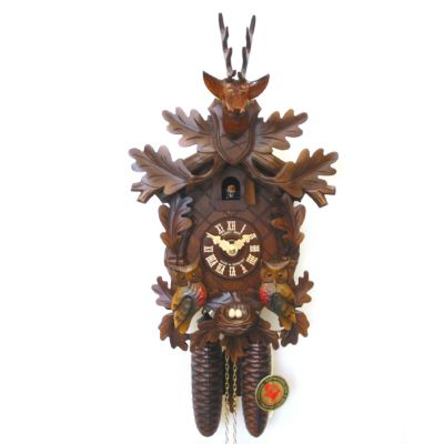 8-DAY STAG HEAD AND MOVING OWLS CUCKOO CLOCK