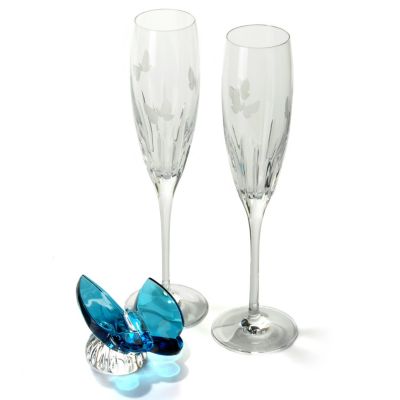 WATERFORD CRYSTAL BUTTERFLY FLUTE PAIR W/ AQUA BUTTERFLY