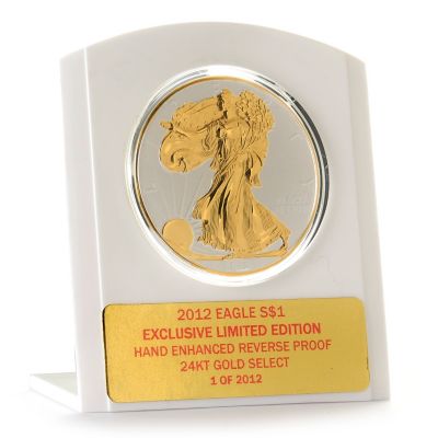 2012 SILVER EAGLE- GOLD SELECT REVERSE PROOF WITH EASEL