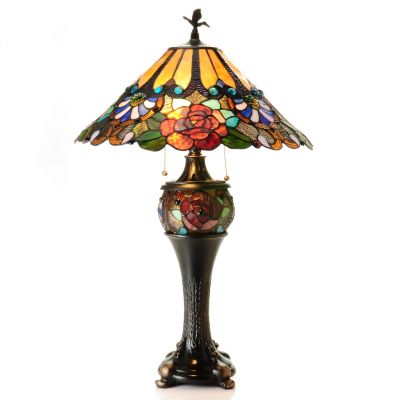 431-068 - Tiffany-Style 30'' Carnival Rose Double-Lit Stained Glass Table Lamp