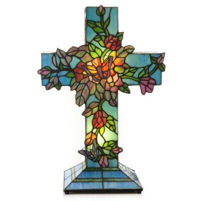 431-798 - Tiffany-Style 18'' Vines Blooming Stained Glass Cross Accent Lamp