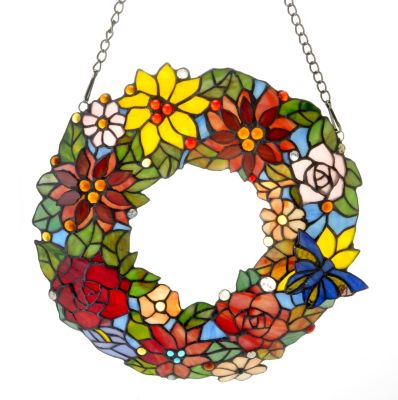 TIFFANY STYLE 3D FLORAL WREATH WINDOW PANEL