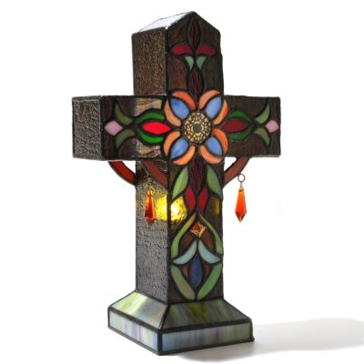 431-858 - Tiffany-Style 13'' Fleur Cross Stained Glass Table Lamp 