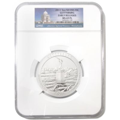 432-094 - 2011 5oz Silver MS69 PL NGC ''America the Beautiful'' Gettysburg Coin