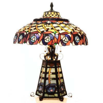 432-189 - Tiffany-Style 26" Peacock Panorama Stained Glass Double Lit Table Lamp