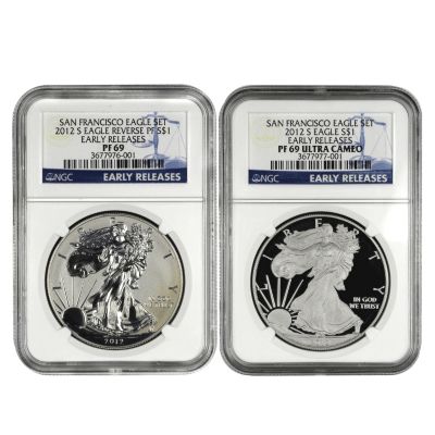 2012 75th Anniversary S Silver American Eagle 2pc Proof Set PR69 ER NGC
