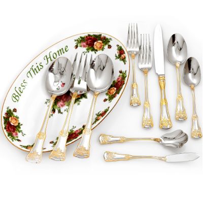 ROYAL ALBERT 65-PIECE FLATWARE SET W/MEDIUM OLD COUNTRY ROSES PLATTER