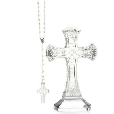 WATERFORD CRYSTAL CLARE CROSS AND CELTIC ROSARTY BEAD SET