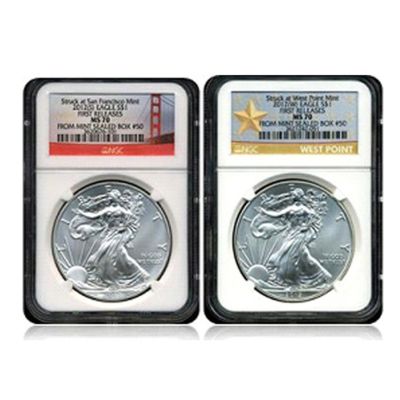 2012 SILVER AMERICAN EAGLE NGC MS70 MATCHED S & D MINT SET