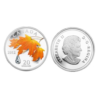 2012 SILVER $20 CANADIAN SUGAR MAPLE CRYSTAL RAINDROP COLORIZED COIN