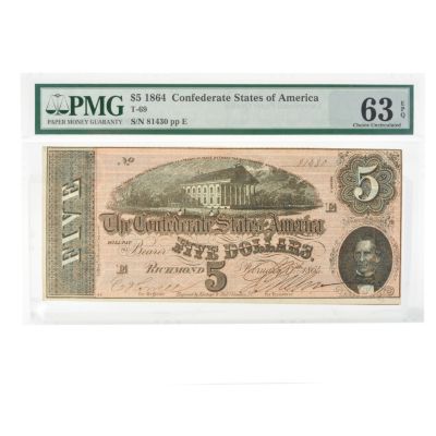 1864 $5 Confederate PMG 63
