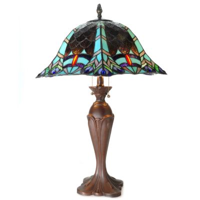 434-923 - Tiffany-Style 29" Scaling Peacock Antiqued Stained Glass Table Lamp