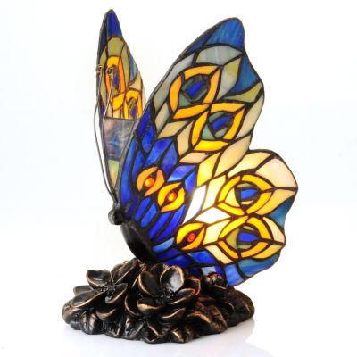 434-924 - Tiffany-Style 9" Eye of the Peacock Stained Glass Butterfly Accent Lamp