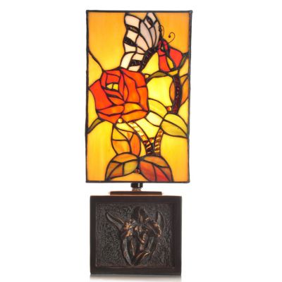 434-925 - Tiffany-Style 16" Butterfly Kisses Antiqued Floral Stained Glass Accent Lamp 